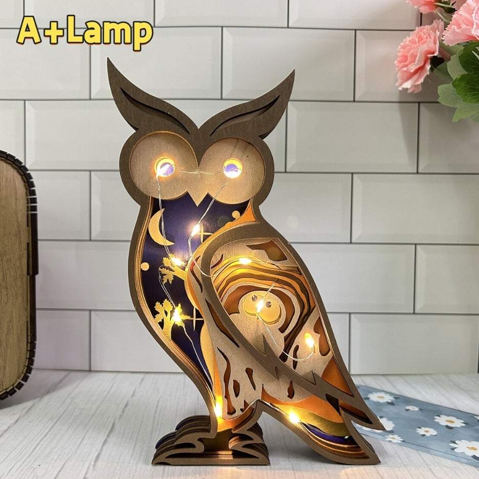 Hoomwell Wooden Carved 3D Owl Desk Decoration Figurine Collection With Light